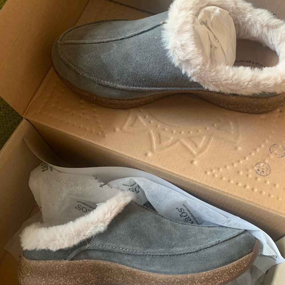 Taos gray, suede mules, never worn